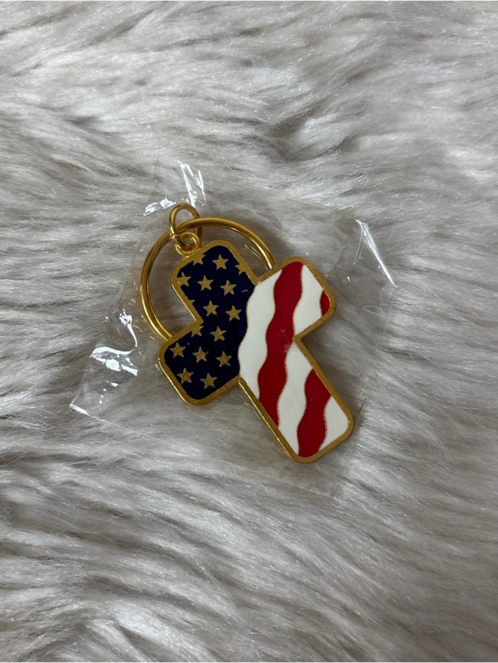 American Flag Gold Tone Cross Keyring